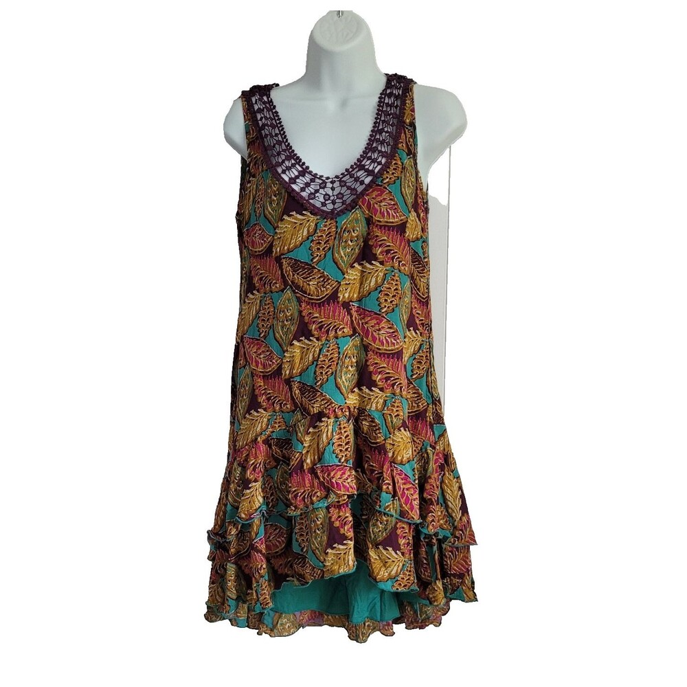 Aryeh Dress Small Turquoise Pink Ruffled Crochet Flirty Coquet Gauzy Hi Lo